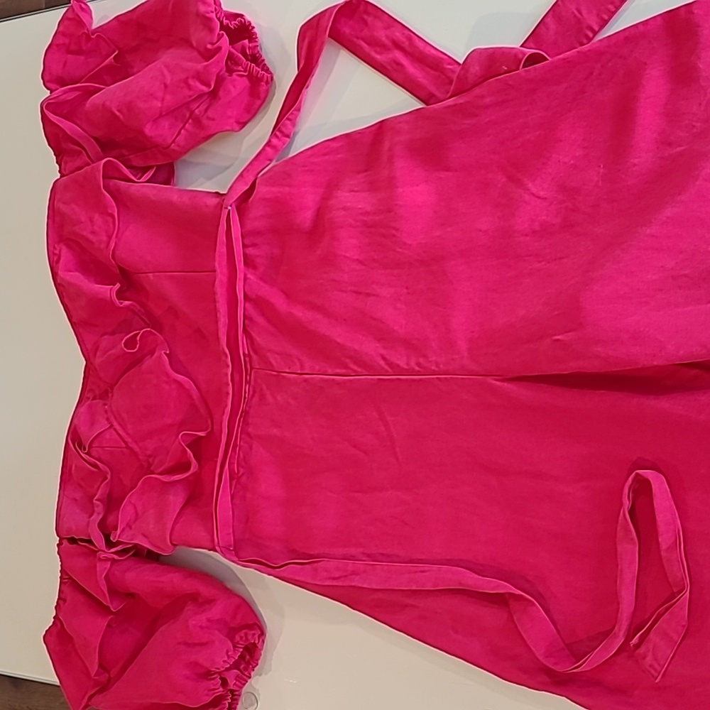 EUC Club Monaco Bright Pink Off The Shoulder Low Neck Romper Linen Blend